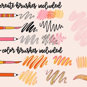 K&ouml;nnte beinhalten: Eine digitale Illustration eines Sets von Procreate-Pinseln. Das Bild zeigt eine Vielzahl von Pinselstrichen in verschiedenen Farben, darunter Pink, Orange, Gelb und Grau. Der Text "procreate brushes included" und "duo color brushes included" ist ebenfalls im Bild zu sehen.