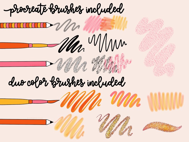 K&ouml;nnte beinhalten: Eine digitale Illustration eines Sets von Procreate-Pinseln. Das Bild zeigt eine Vielzahl von Pinselstrichen in verschiedenen Farben, darunter Pink, Orange, Gelb und Grau. Der Text "procreate brushes included" und "duo color brushes included" ist ebenfalls im Bild zu sehen.