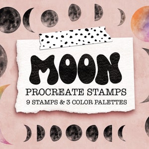 Procreate Stamps, Moon Phase Stamps, Celestial Procreate Stamps, Procreate Color Palettes, Crescent Moon, Digital Art, Procreate Watercolor