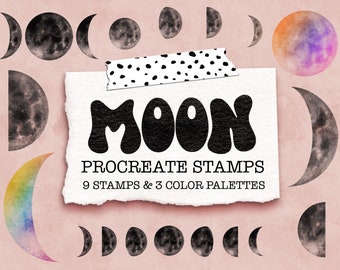 Sellos de acuarela de fases lunares para Procreate, paletas de colores celestiales (descarga digital)