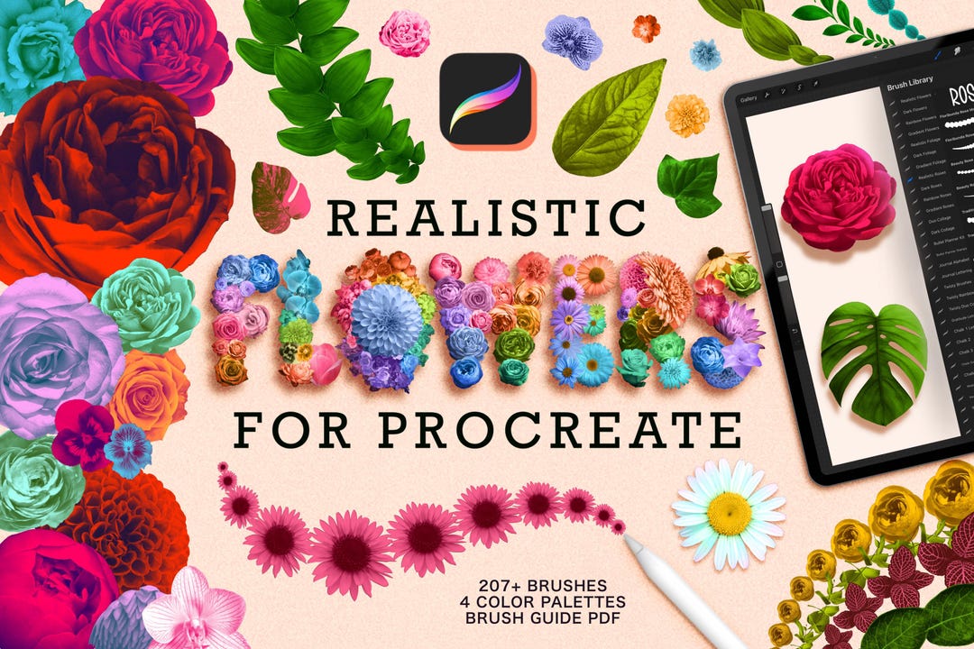 Realistic Procreate Flower and Foliage Stamps, Color Palettes, Nature ...