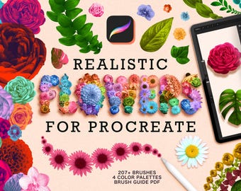 May include: A digital art graphic with the words "REALISTIC FLOWERS FOR PROCREATE" in colorful flower arrangements. The image includes a tablet displaying flower brushes, leaves, and a stylus.