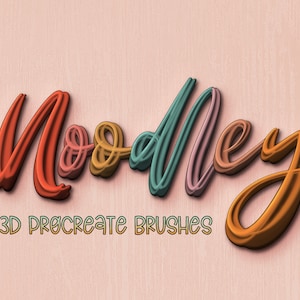 May include: The word "Moodley" in a 3D style, with each letter in a different color, including orange, pink, teal, and gold. Below the word is the text "3D Procreate Brushes" in a green and yellow outline. The background is a light pink with a textured effect.