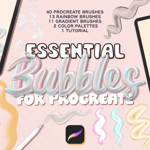 May include: Digital art product image with the text "ESSENTIAL Bubbles FOR PROCREATE". The image features two tablets, a stylus, and colorful bubble-like designs. The product includes 40 Procreate brushes, 13 rainbow brushes, and 11 gradient brushes.