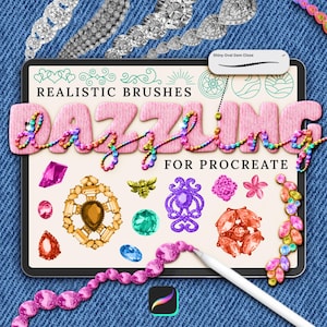 May include: A digital illustration of a set of realistic gemstone brushes for Procreate. The brushes are designed to look like sparkling jewels, with a variety of shapes and colours. The image also includes a pink and white text banner that says "Dazzling" and "Realistic Brushes for Procreate".