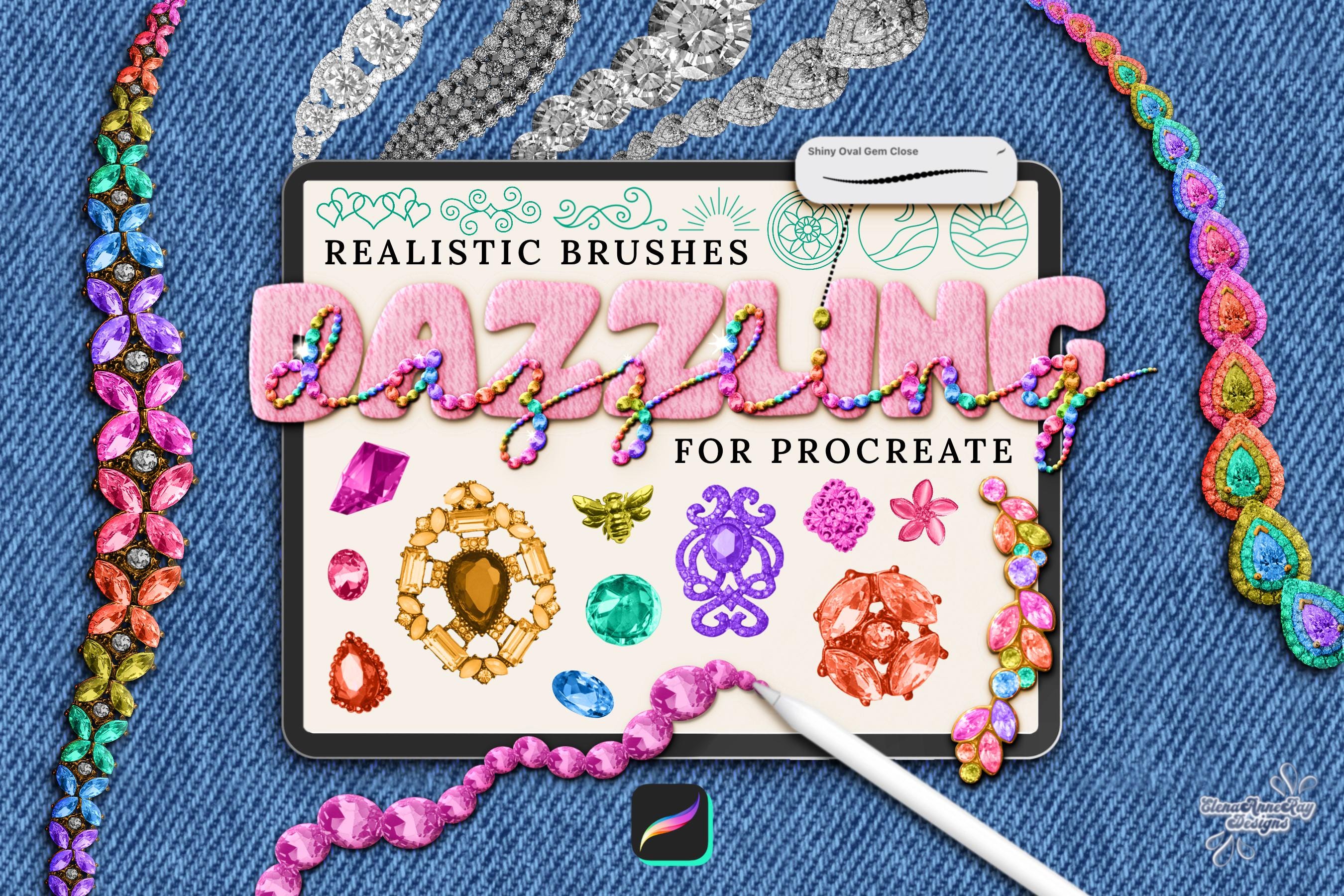 Pinceles Bedazzled para Procreate en diseño de moda | Texturas de tela sin costuras, sellos de joyería y efectos de lettering