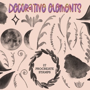 May include: A set of 27 black and white watercolor decorative elements for Procreate. The elements include moons, leaves, swirls, and stars.