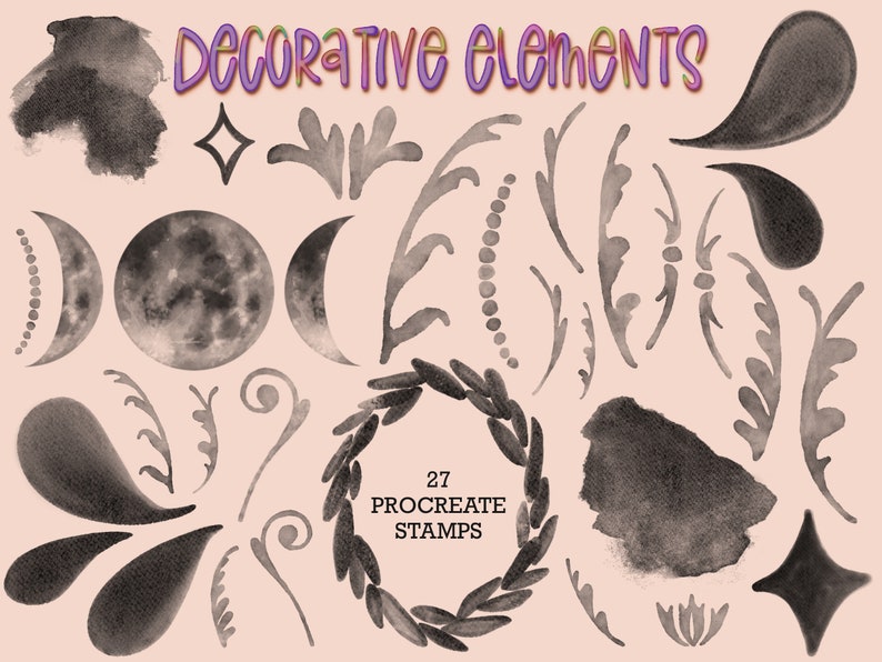May include: A set of 27 black and white watercolor decorative elements for Procreate. The elements include moons, leaves, swirls, and stars.