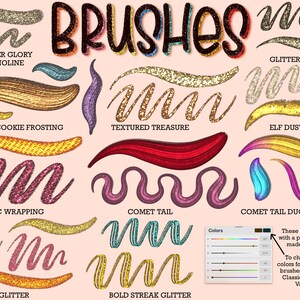 May include: A set of digital brushes with glitter and metallic effects. The brushes are named "Glitter Glory Monoline", "Metallic Cookie Frosting", "Textured Treasure", "Elf Dust", "Metallic Wrapping", "Comet Tail", "Comet Tail Duo Color", "Merry Glitter", and "Bold Streak Glitter".