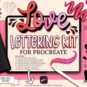 May include: A digital illustration of a tablet screen with the words "Love Lettering Kit for Procreate" in pink, red, and white. The image includes a list of the kit's contents, including 52 Procreate brushes, 15 seamless pattern brushes, 12 overlay texture brushes, 67 decorative lettering stamps, 19 composition grid stamps, 12 magic colour palettes, and a fun lettering tutorial.