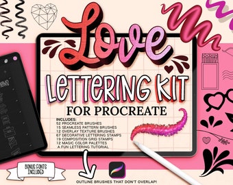 Procreate Brushes, 3D Digital Art Kit, Lettering Stamps, Free Fonts (PDF Tutorial)