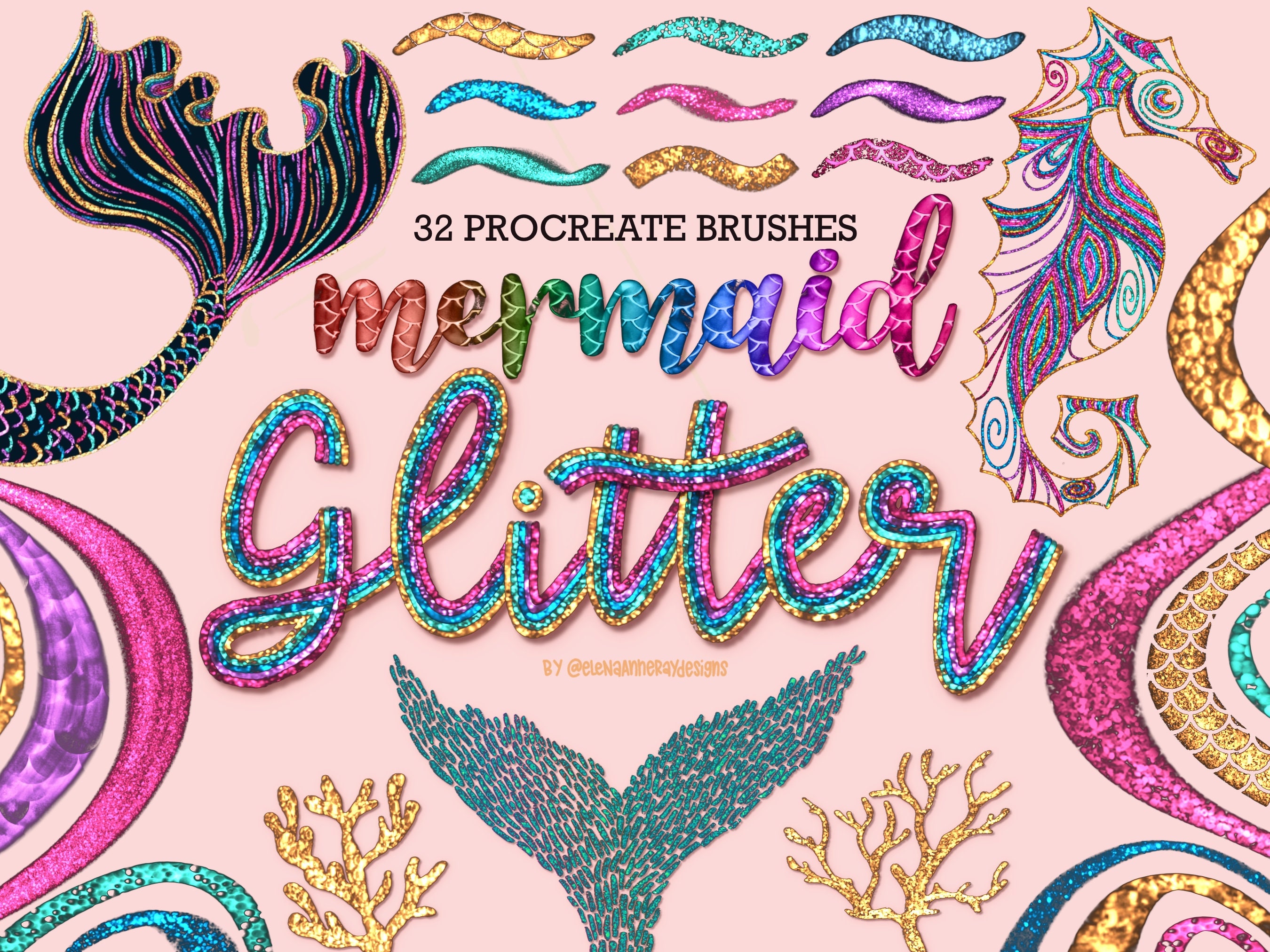 Pinceles Procreate Brillo de Sirena para Lettering en iPad y Arte Digital | Set de Pinceles Metálicos Realistas + Paletas de Color