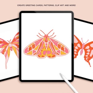 K&ouml;nnte beinhalten: Drei digitale Illustrationen von Schmetterlingen in einem Farbschema aus Rosa, Orange und Gelb. Die Schmetterlinge werden auf einem wei&szlig;en Hintergrund auf drei separaten digitalen Tablets angezeigt.