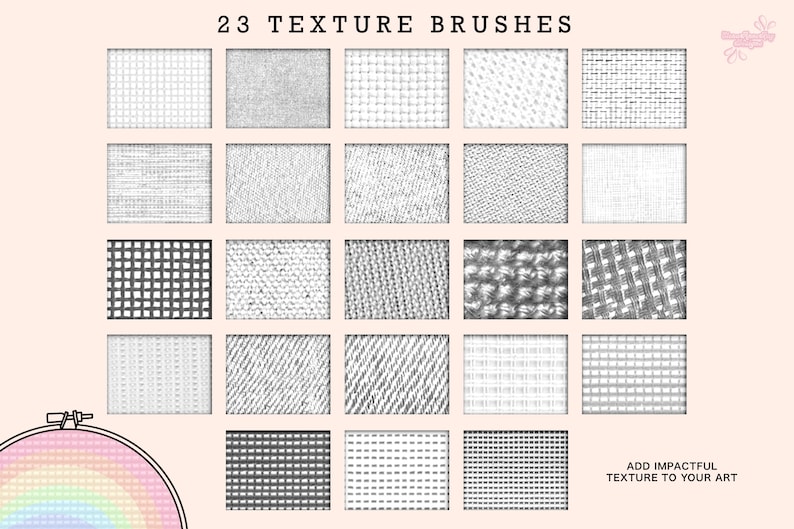 May include: 23 black and white texture brushes for digital art. The brushes are arranged in a grid pattern and are designed to add texture to digital artwork.