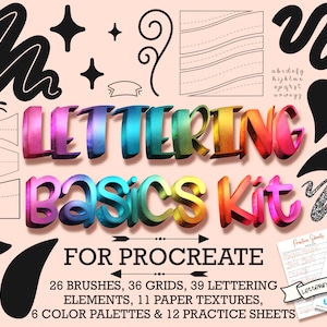 Basic Lettering Procreate Brushes, Beginner Procreate Bundle, Procreate Grid Builder, Glitter Brush, Lettering Compositions, iPad Brushset