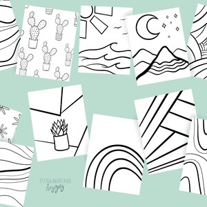May include: A set of ten printable coloring pages featuring various black and white illustrations. The designs include cacti, waves, mountains, stars, flowers, and geometric patterns.
