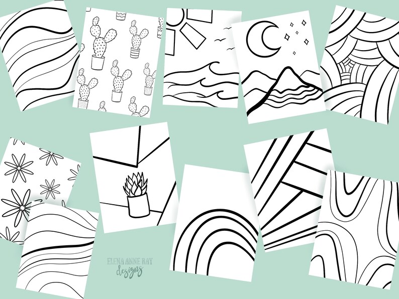 May include: A set of ten printable coloring pages featuring various black and white illustrations. The designs include cacti, waves, mountains, stars, flowers, and geometric patterns.