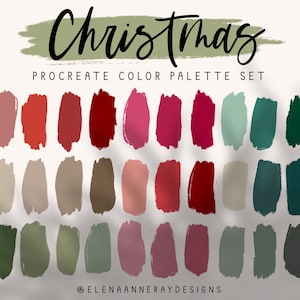 May include: A digital colour palette set for Procreate, featuring a variety of Christmas-themed colours. The palette includes shades of red, green, brown, pink, and beige. The text "Christmas" is written in a stylized font at the top of the image.