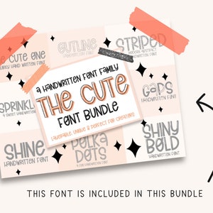 Pu&ograve; includere: Una grafica rosa e bianca con il testo "The Cute Font Bundle" e i nomi di 8 diversi font: "The Cute One", "Outline", "Striped", "Sprinkl", "Shine", "Caps", "Polka Dots" e "Shiny Bold".