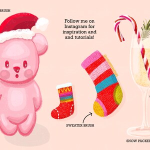 May include: A pink teddy bear wearing a red Santa hat, a red and white striped candy cane, a red and white striped stocking, and a glass of champagne with a candy cane and a sprig of pine. The image includes text that says "Follow me on Instagram for inspiration and tutorials!" and shows different brush strokes used to create the image.