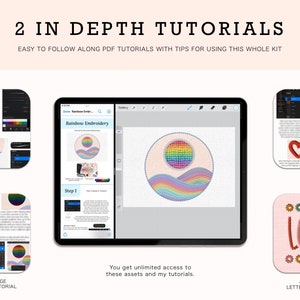 May include: Two digital tutorials for embroidery, one for a rainbow design and one for lettering. The rainbow design features a sun and waves in a circle. The lettering design features the word "LOVE" with hearts and circles. Both tutorials are available as PDF downloads.