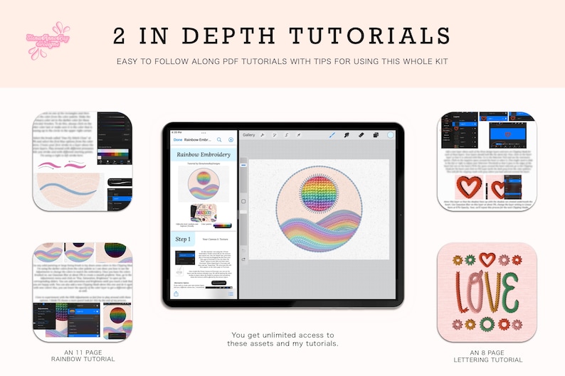 May include: Two digital tutorials for embroidery, one for a rainbow design and one for lettering. The rainbow design features a sun and waves in a circle. The lettering design features the word "LOVE" with hearts and circles. Both tutorials are available as PDF downloads.