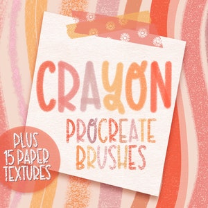 May include: A digital art graphic with the words "CRAYON PROCREATE BRUSHES" in orange and pink hues. The text is on a white paper background, taped with decorative tape. A circular graphic states "PLUS 15 PAPER TEXTURES". The background has vertical stripes.