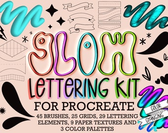 Neon Lettering Procreate Brush Set: Grids, Textures, Color Palettes