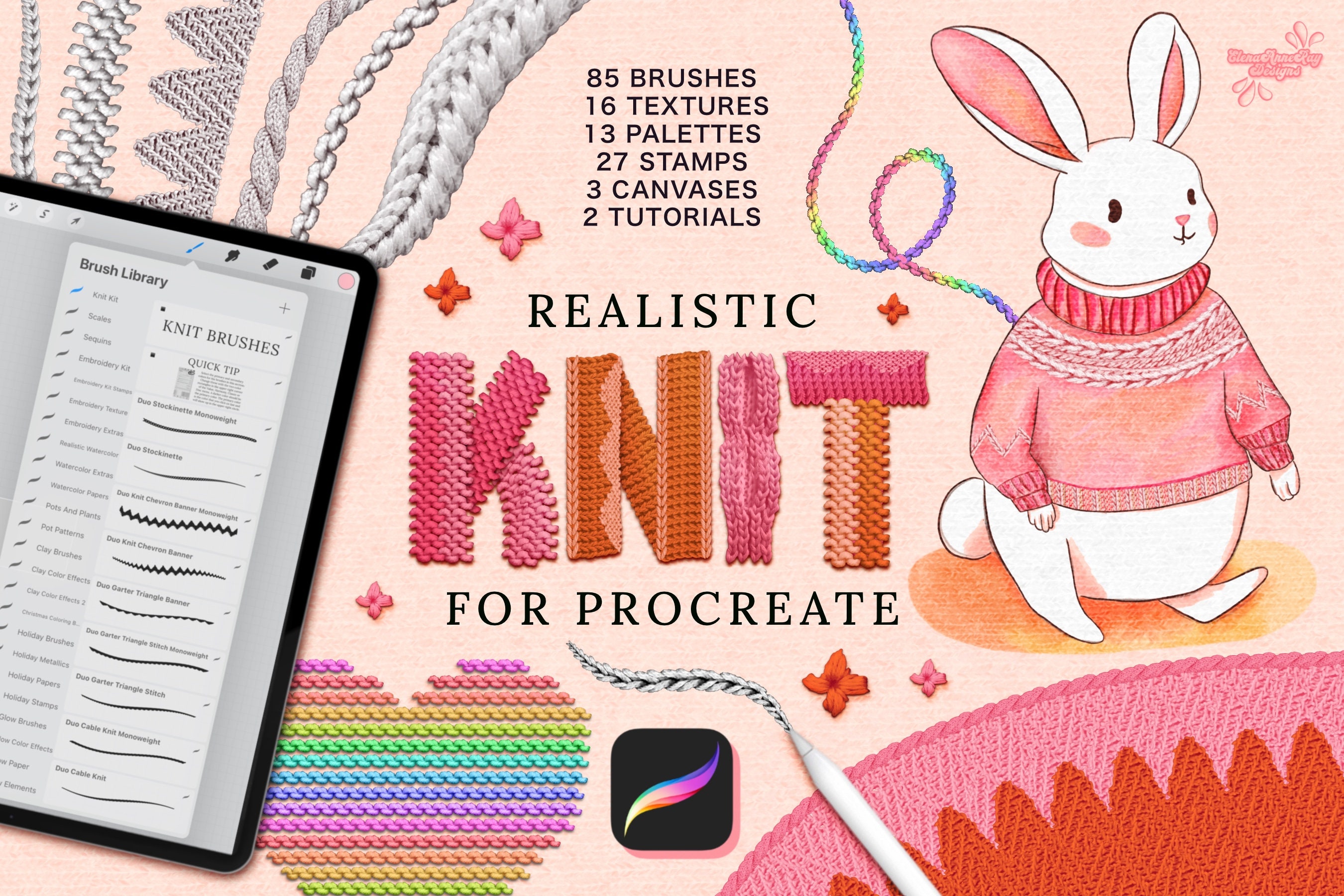 Kit de pinceles de Procreate de punto y puntada realistas con lienzos, tutoriales y paletas de color