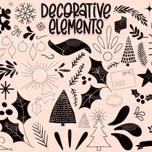 May include: A collection of black and white decorative elements, including snowflakes, stars, trees, leaves, ornaments, and a sun. The text "Decorative Elements" is written in a pink and white font.