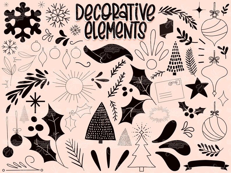 May include: A collection of black and white decorative elements, including snowflakes, stars, trees, leaves, ornaments, and a sun. The text "Decorative Elements" is written in a pink and white font.