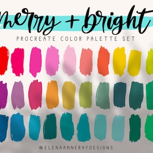 May include: A digital color palette set for Procreate, titled "Merry + Bright". The palette features 24 vibrant colors in a variety of shades, including red, pink, orange, yellow, green, blue, and purple.