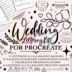 Puede incluir: Una ilustración digital de un kit de letras de boda para Procreate. La imagen presenta un fondo rosa con ilustraciones en blanco y negro de artículos relacionados con la boda, incluyendo coronas, flores, arcos y estrellas. El texto "Wedding Lettering Kit for Procreate" está escrito en una fuente audaz y colorida. La imagen también incluye una lista del contenido del kit: 17 pinceles de letras y caligrafía, 27 guías de composición de papelería de boda, 77 sellos decorativos Procreate y 16 hojas de práctica de letras y caligrafía.