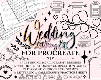 May include: A digital illustration of a wedding lettering kit for Procreate. The image features a pink background with black and white illustrations of wedding-related items, including wreaths, flowers, arches, and stars. The text "Wedding Lettering Kit for Procreate" is written in a bold, colorful font. The image also includes a list of the kit's contents: 17 lettering & calligraphy brushes, 27 wedding stationery composition guides, 77 decorative Procreate stamps, and 16 lettering & calligraphy practice sheets.