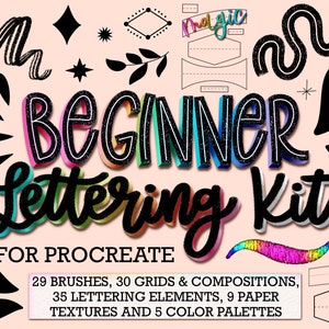 103 pincéis para letras Procreate, kit para iniciantes Procreate, pincel com glitter, grades e composições para letras, textura de papel, conjuntos de pincéis para arte digital