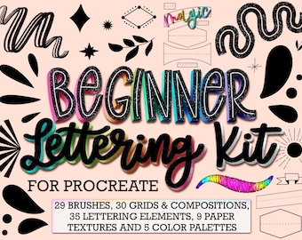 103 Procreate Lettering Brushes, Procreate Beginner Kit, Glitter Brush, Lettering Grids & Compositions, Paper Texture, Digital Art Brush Set