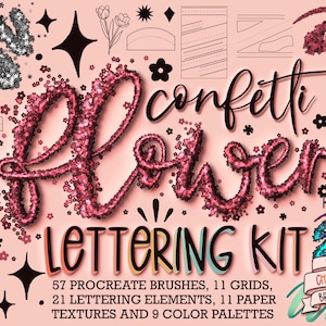 May include: Confetti Flower Lettering Kit with 57 Procreate brushes, 11 grids, 21 lettering elements, 11 paper textures and 9 colour palettes. The kit features a pink and gold colour scheme with a confetti design.