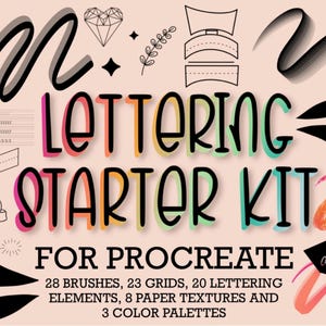 Op de afbeelding: Een lettering starter kit voor Procreate met de tekst "LETTERING STARTER KIT FOR PROCREATE", inclusief 28 penselen, 23 rasters, 20 lettering elementen, 8 papiertexturen en 3 kleurenpaletten, vergezeld door diverse zwarte lijntekeningen.