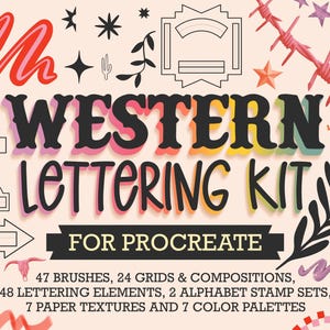 May include: A digital art kit with the words "WESTERN LETTERING KIT" in a bold, colorful font. The image includes various western-themed design elements like stars, barbed wire, and arrows. Text at the bottom lists the kit's contents.