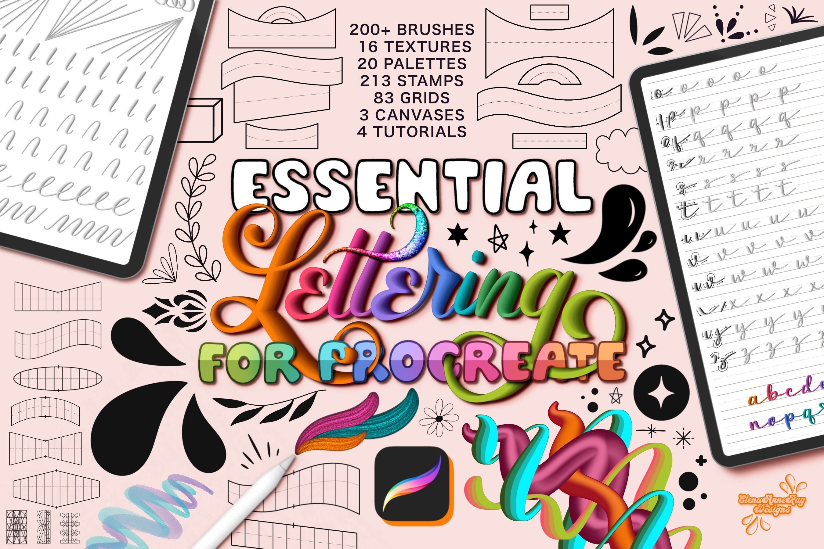 Kit esencial de pinceles de Procreate para lettering con rejillas, pinceles 3D, sellos, texturas y lienzos para iPad