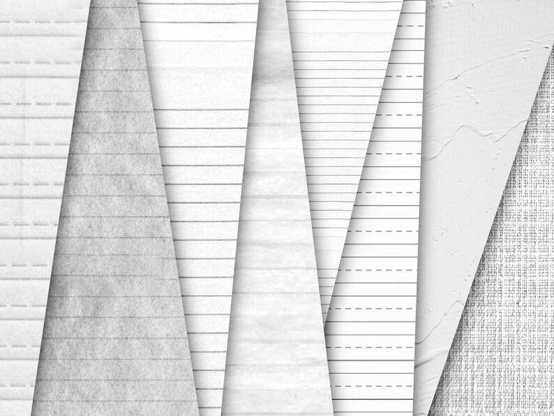 May include: A collection of white and gray paper textures, including lined, dotted, and textured surfaces. The image showcases various paper types, with a focus on the different patterns and textures. The arrangement creates a layered effect, highlighting the variety of paper styles.