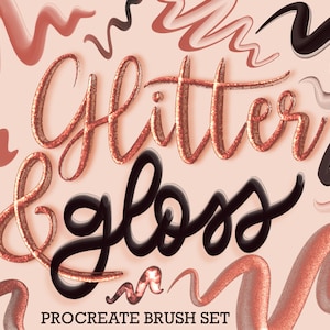 May include: Procreate brush set for digital art, featuring glitter and gloss effects. The set includes a variety of brushes with different textures and colours, including pink, black, and gold.