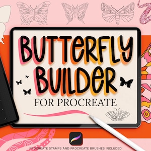 Butterfly and Moth procreate stamp lineart is shown in the app Procreate on iPad with different procreate brushes for digital art. Text reads: butterfly builder for Procreate, Procreate stamps and Procreate brushes included.
