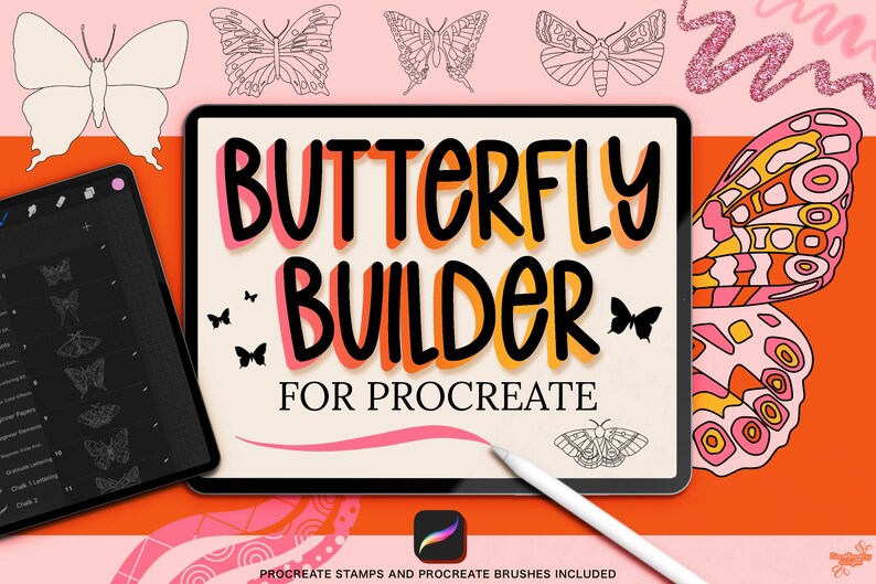 Butterfly and Moth procreate stamp lineart is shown in the app Procreate on iPad with different procreate brushes for digital art. Text reads: butterfly builder for Procreate, Procreate stamps and Procreate brushes included.