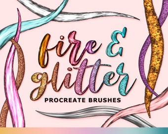 May include: A set of Procreate brushes featuring a variety of colorful, glittery, and textured strokes. The text "fire & glitter" is displayed in a bold, stylized font.
