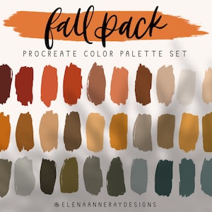 May include: A digital colour palette set for Procreate featuring 30 autumnal colours. The colours range from deep reds and oranges to warm browns and greens. The palette is labelled "fall pack".