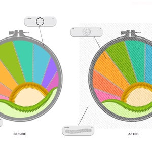 May include: A close-up of a circular embroidery hoop with a colourful rainbow design. The design features a yellow sun with orange rays, green grass, and a pink and orange sky. The hoop is on a white background.