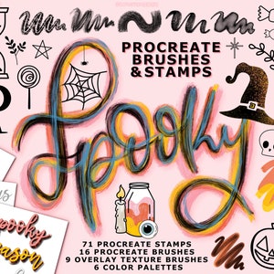 Halloween Procreate Brushes & Stamps with Color Palette Bundle, Lettering Practice Sheets and Fall Digital Art Kit, Illustration Brush Sets