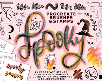 Halloween Procreate Brushes, Stamps, Color Palettes, Lettering Practice Sheets