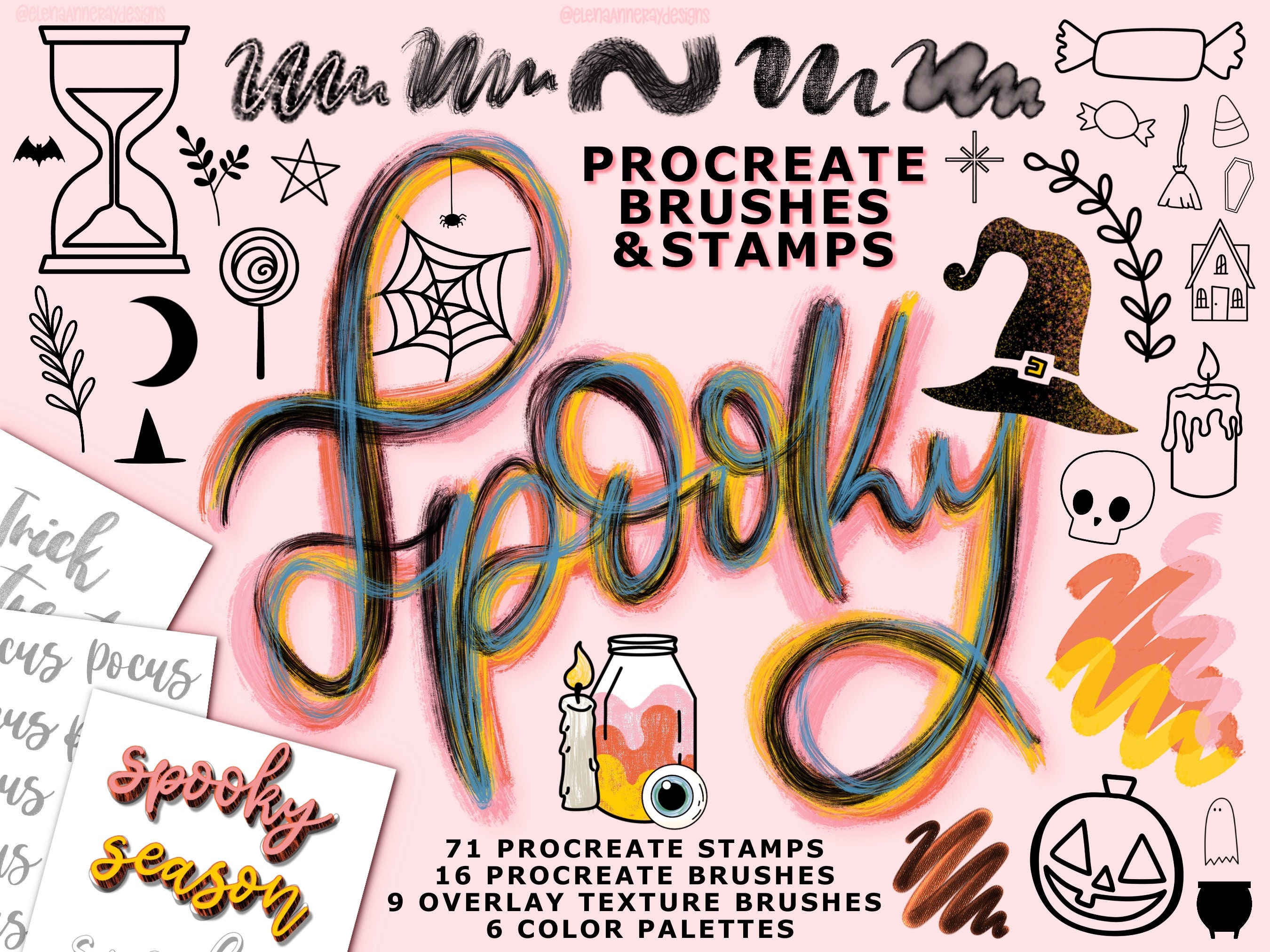Paquete de pinceles y sellos para Procreate de otoño y Halloween con paletas de color, texturas y hojas de práctica de lettering